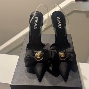 Versace Black Heels with Gold Medallion